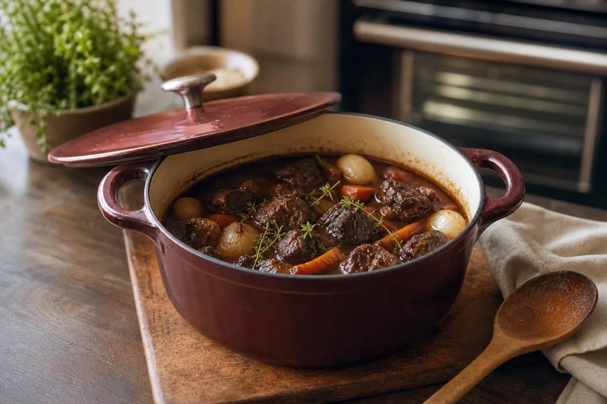 Beef braise in an unbranded Dutch oven
