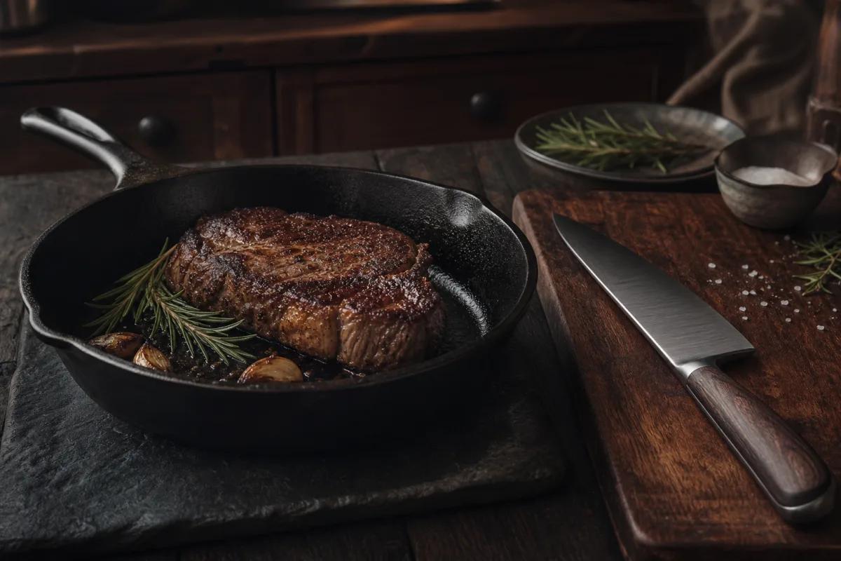Steak searing in a cast-iron skillet beside an unbranded knife