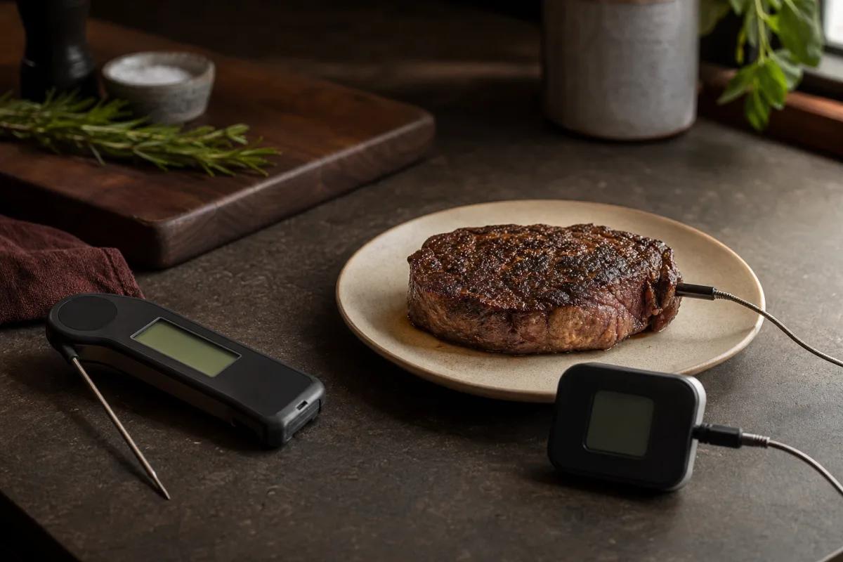 Unbranded meat thermometers beside a resting steak