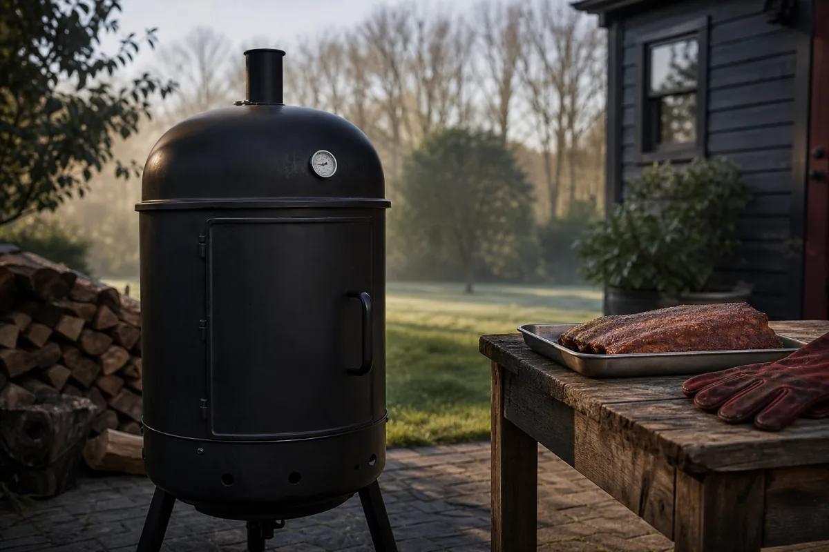 Unbranded charcoal smoker prepared for barbecue
