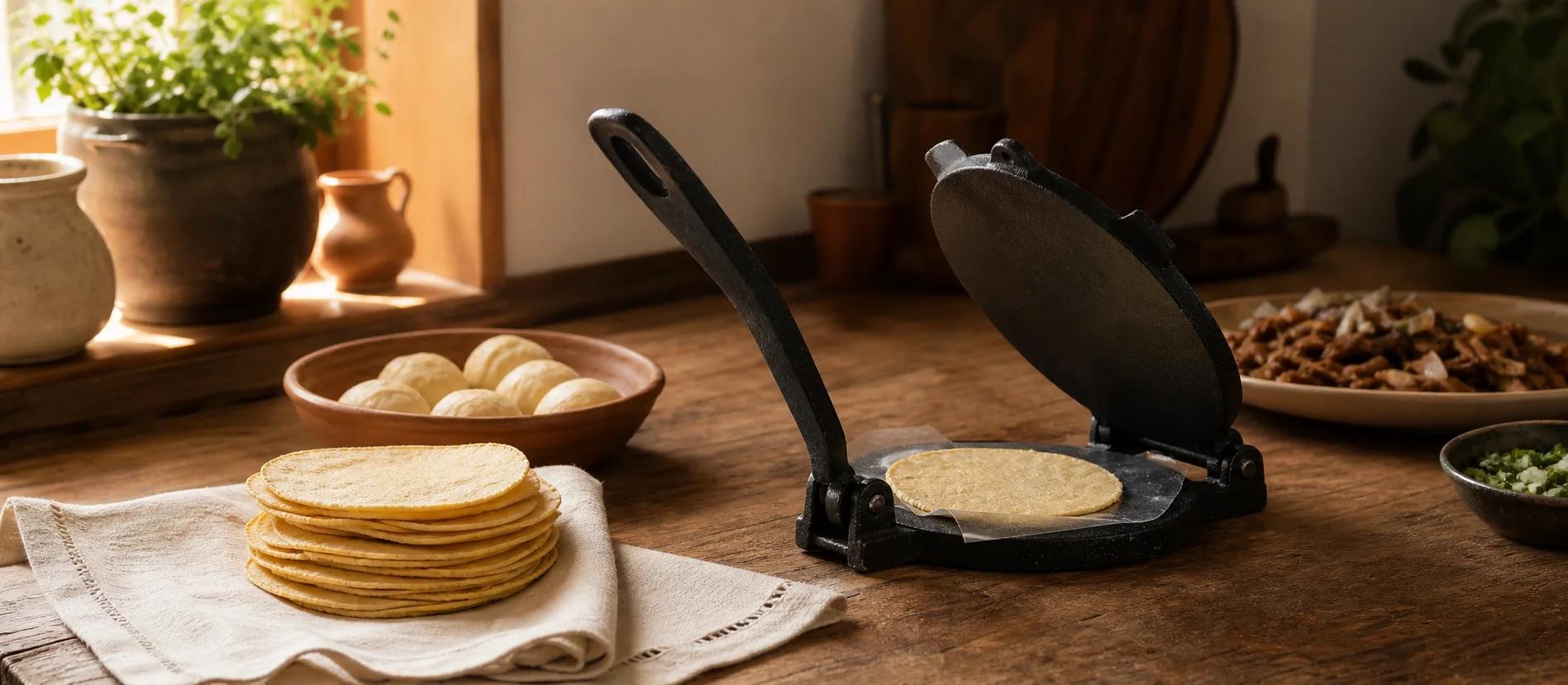 Unbranded tortilla press with fresh corn tortillas